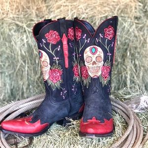 LUCCHESE BOOTMAKER CUSTOM One of a Kind Black Buffalo Sugar Skull Boots